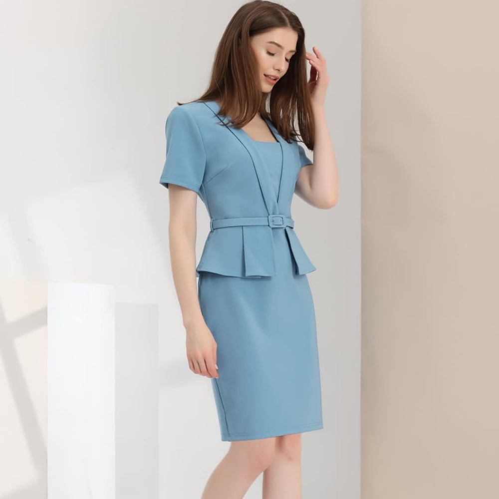 Allegra K Blue Office Dress With Belt Peplum‎ Sz Medium